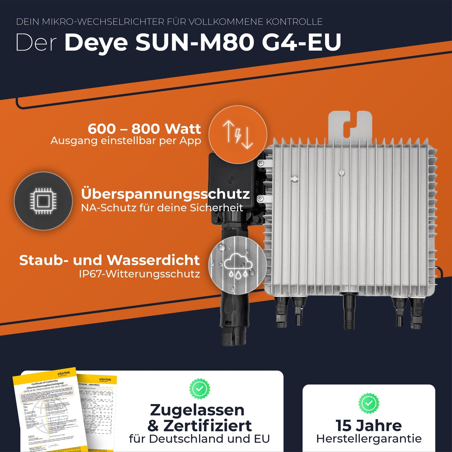 Deye Mikro-Wechselrichter SUN-M80G4-EU-Q0 mit 800 Watt – Produktansicht 3