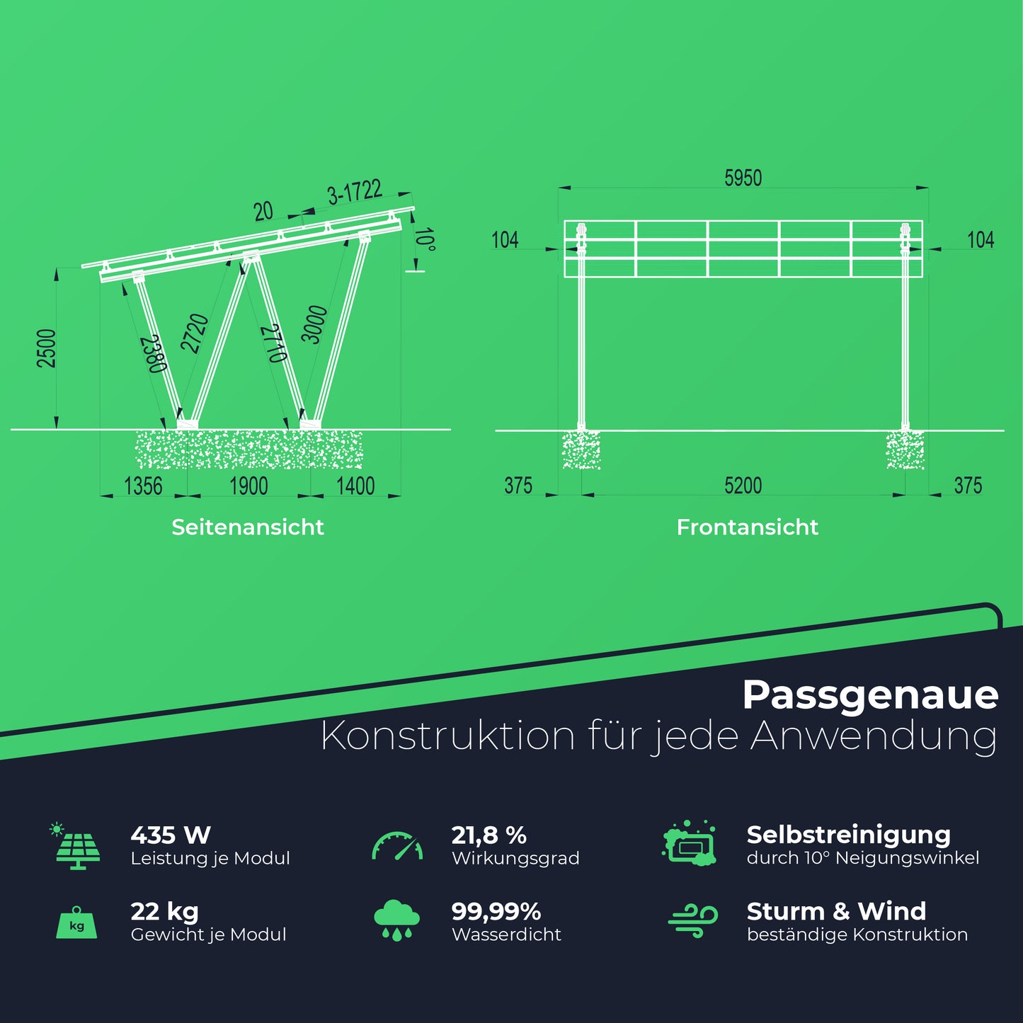 Solar Carport 6525 Watt | 2 Stellplätze | Versiegeltes Dach inkl. Regenrinne