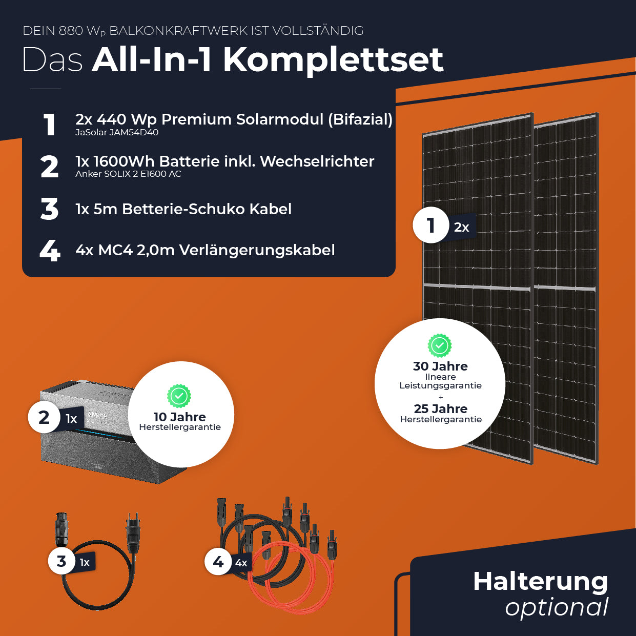 SOLARWAY Balkonkraftwerk Erweiterungsset 880 Watt | Anker SOLIX Solarbank 2 E1600 AC 1,6 kWh Speicher