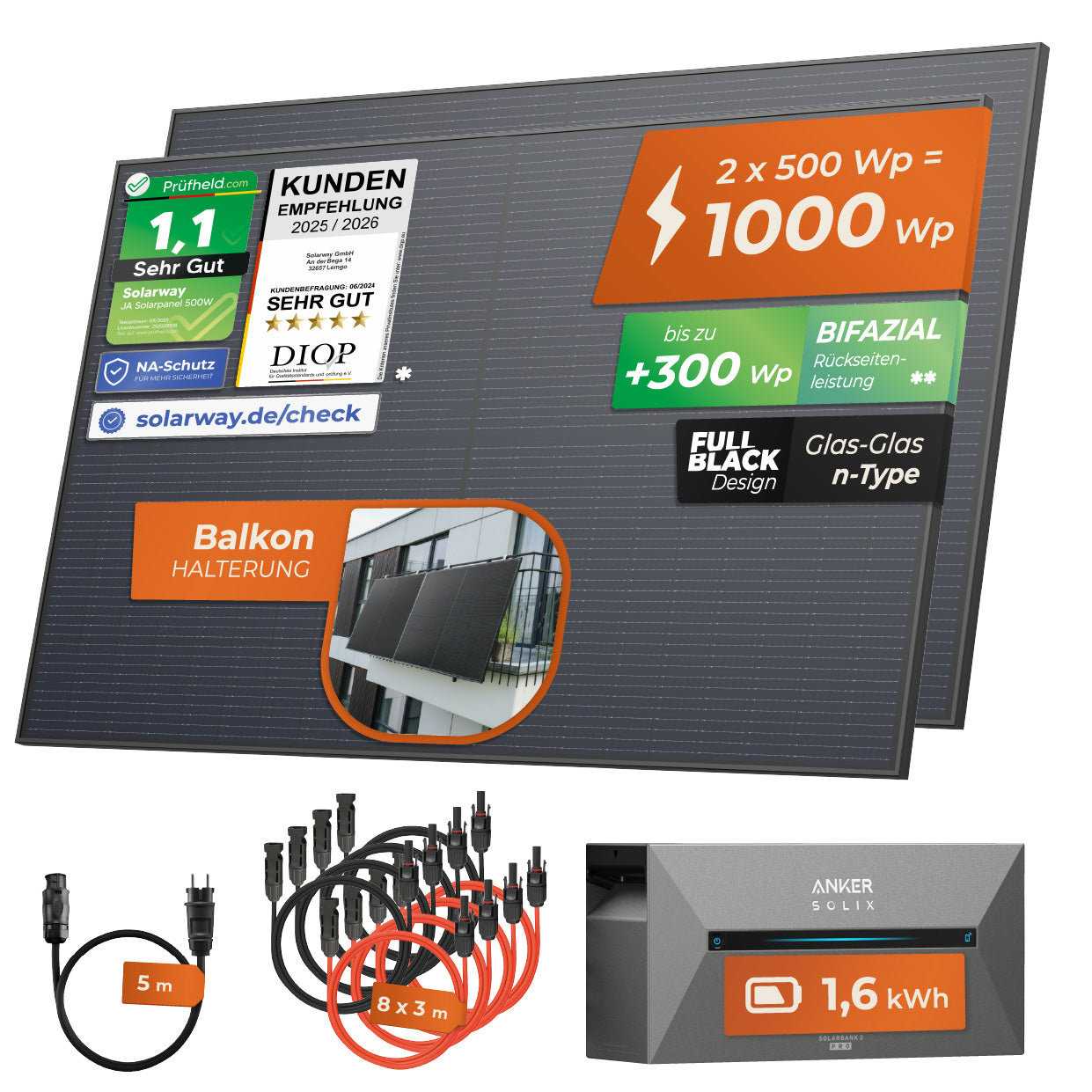 SOLARWAY Balkonkraftwerk 1000 Watt | Anker SOLIX Solarbank 2 E1600 Pro 1,6 kWh Speicher