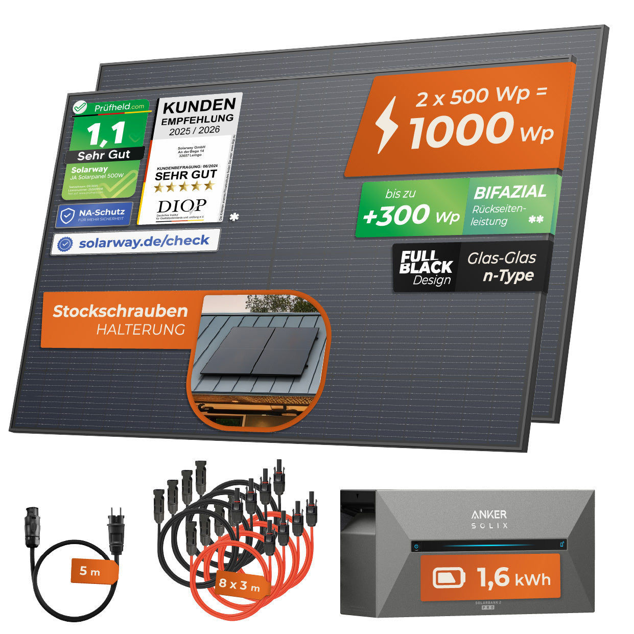 SOLARWAY Balkonkraftwerk 1000 Watt | Anker SOLIX Solarbank 2 E1600 Pro 1,6 kWh Speicher