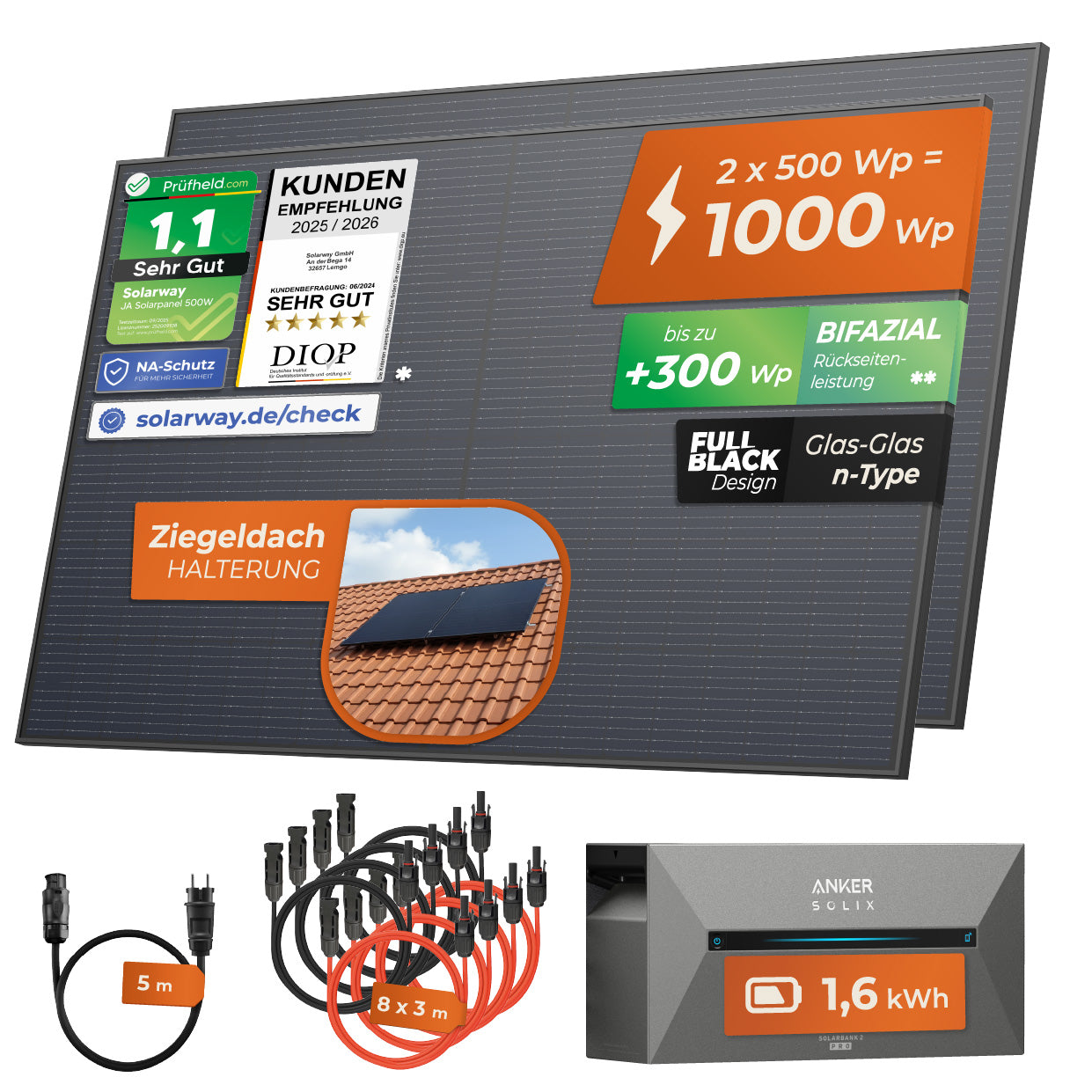 SOLARWAY Balkonkraftwerk 1000 Watt | Anker SOLIX Solarbank 2 E1600 Pro 1,6 kWh Speicher