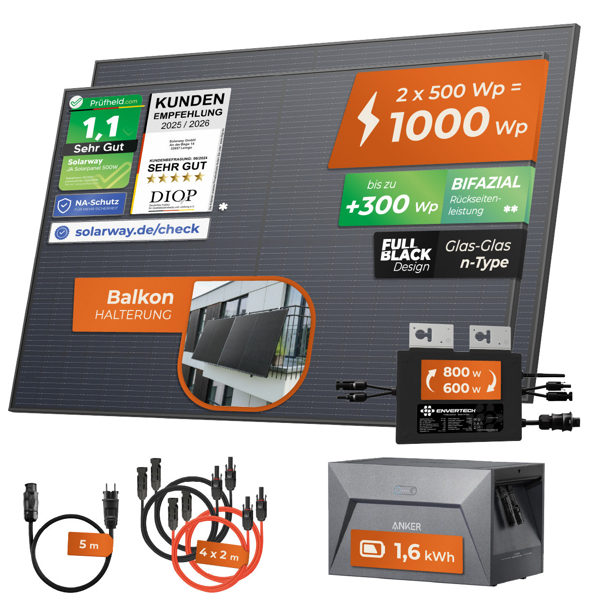 SOLARWAY Balkonkraftwerk 1000 Watt | Anker SOLIX Solarbank 1 E1600 1,6 kWh Speicher