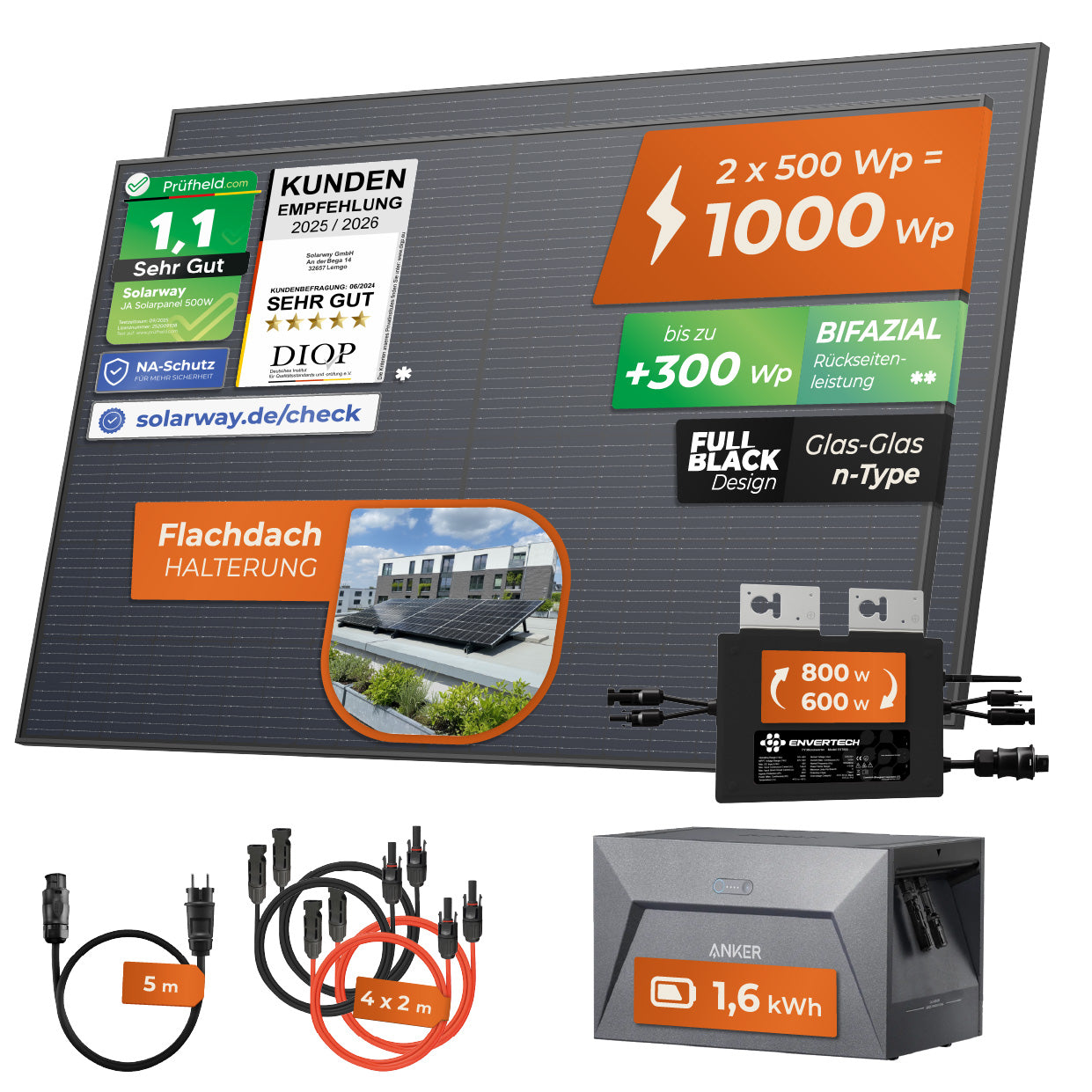 SOLARWAY Balkonkraftwerk 1000 Watt | Anker SOLIX Solarbank 1 E1600 1,6 kWh Speicher