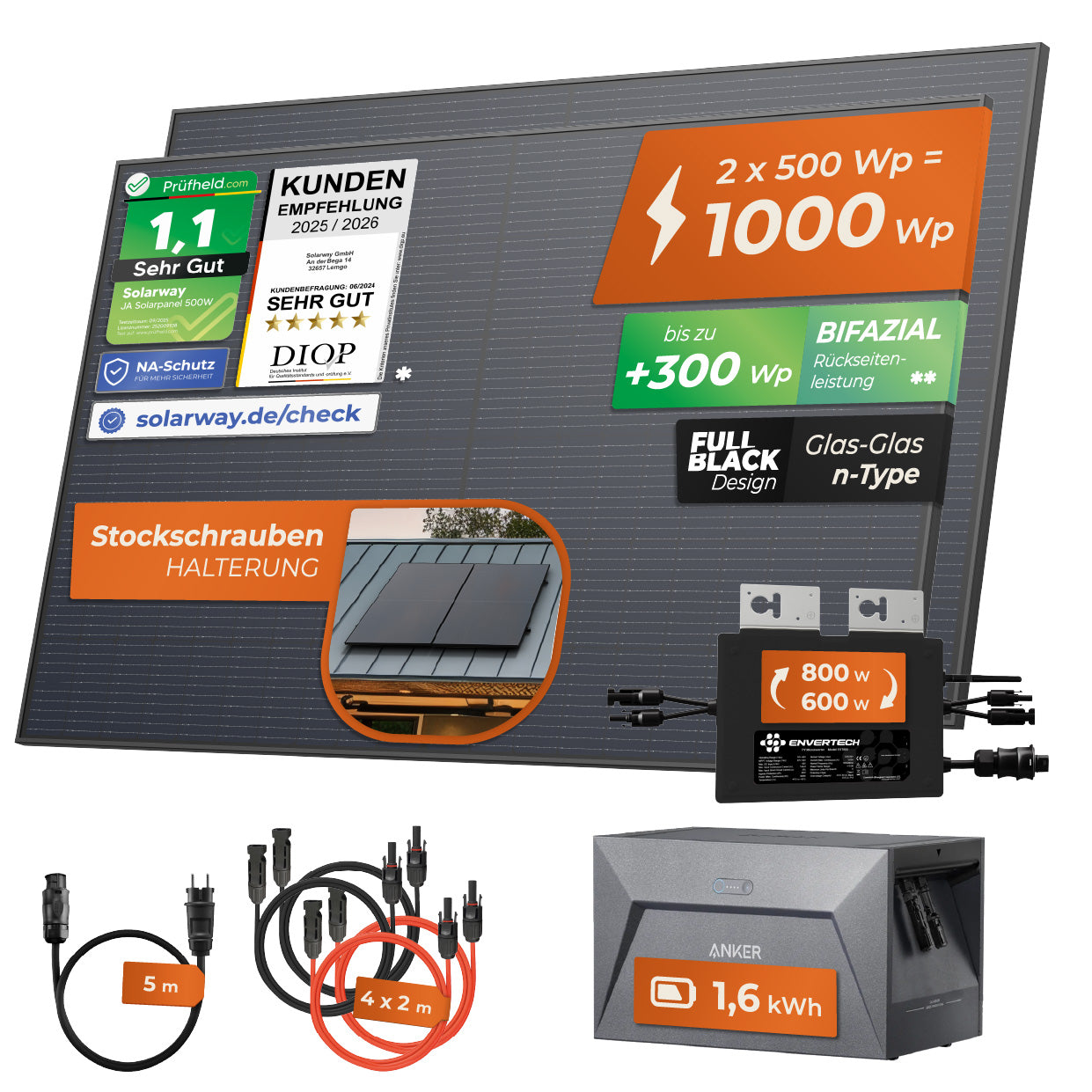 SOLARWAY Balkonkraftwerk 1000 Watt | Anker SOLIX Solarbank 1 E1600 1,6 kWh Speicher