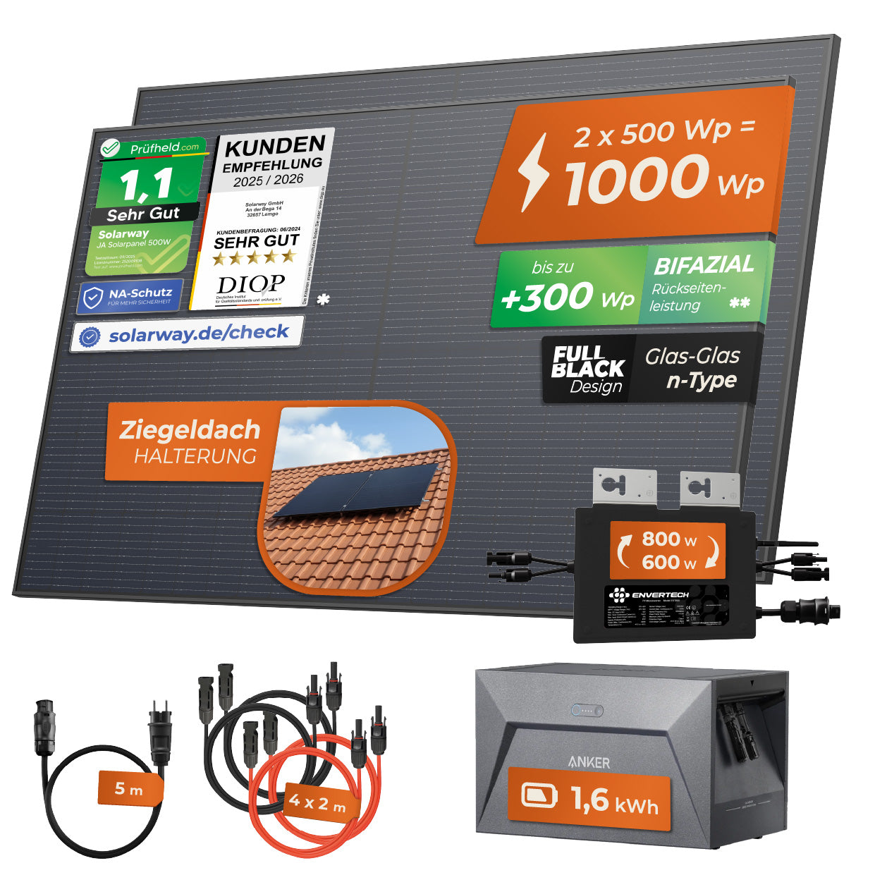 SOLARWAY Balkonkraftwerk 1000 Watt | Anker SOLIX Solarbank 1 E1600 1,6 kWh Speicher