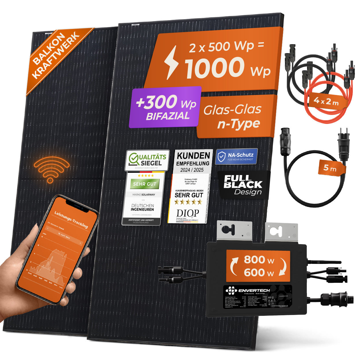 Custom SolarKit Configuration - Anzahl Module: 2 | Modultyp: 500 Wp Bifazial | Wechselrichter: Envertech (800 W) | Halterung: Ziegeldachhalterung