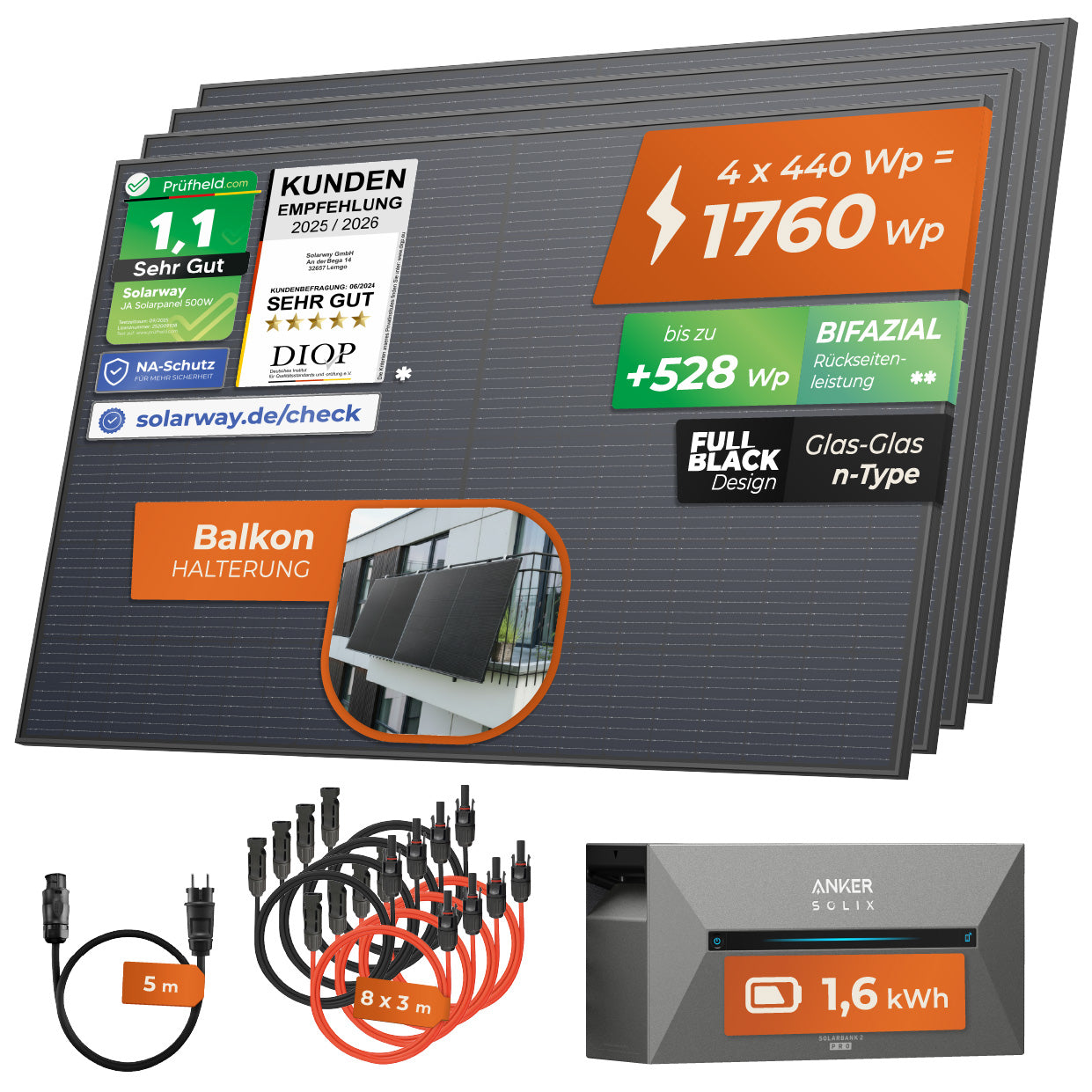 SOLARWAY Balkonkraftwerk 1760 Watt | Anker SOLIX Solarbank 2 E1600 Pro 1,6 kWh Speicher