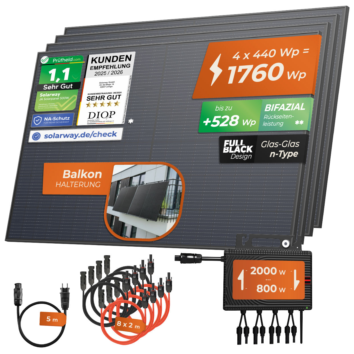 SOLARWAY Balkonkraftwerk 1760 Watt | Envertech 2000 Watt | Bifazial inkl. App & WiFi