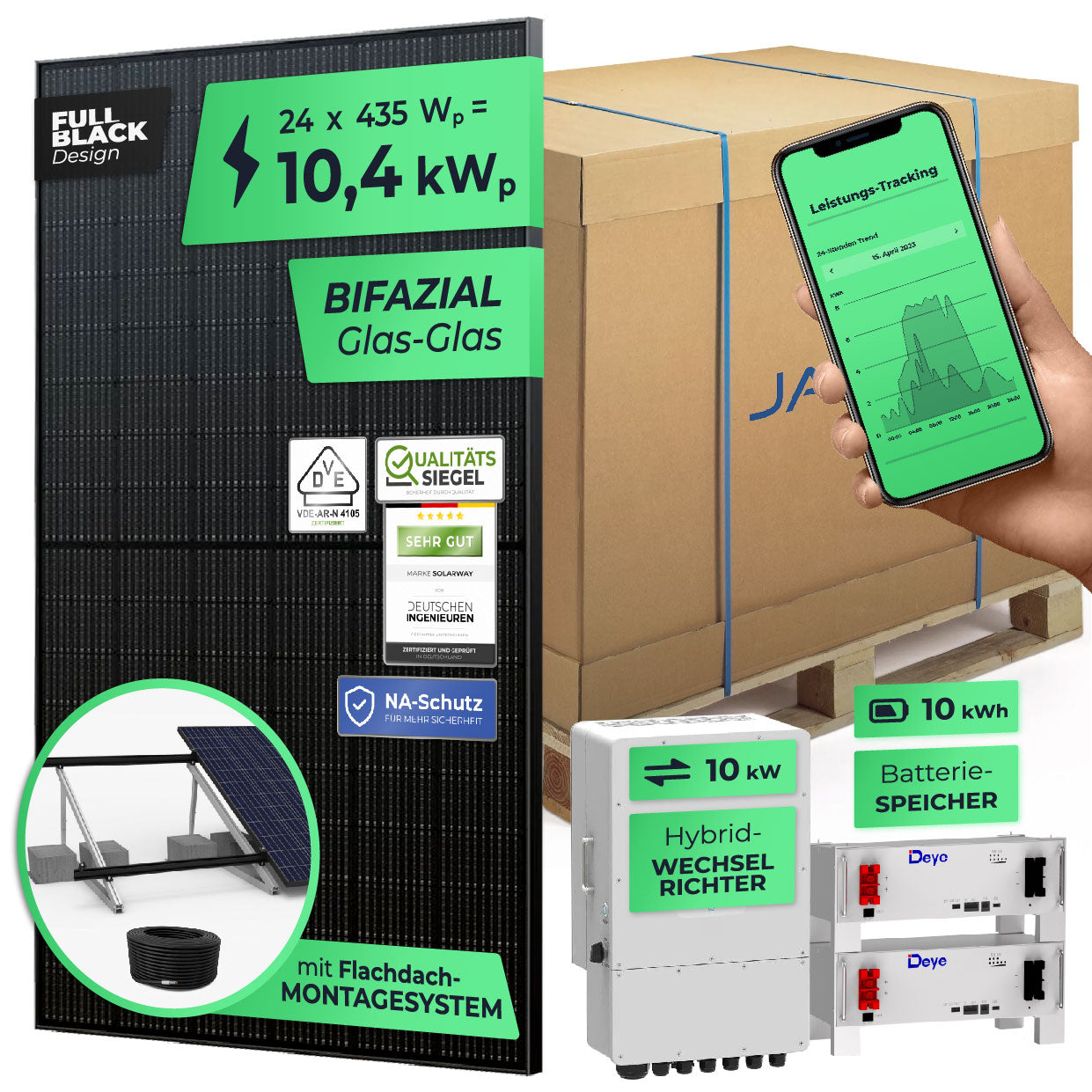 SOLARWAY Solaranlage Komplettset 10 kW | Deye 10 kW | Bifazial inkl. Montagesystem, App & WiFi