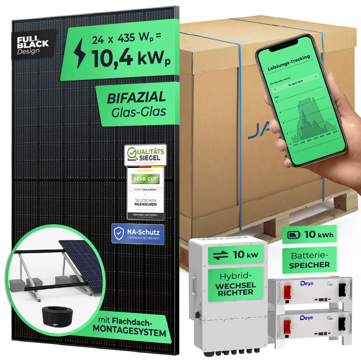 SOLARWAY Solaranlage Komplettset 10 kW | Deye 10 kW | Bifazial inkl. Montagesystem, App & WiFi