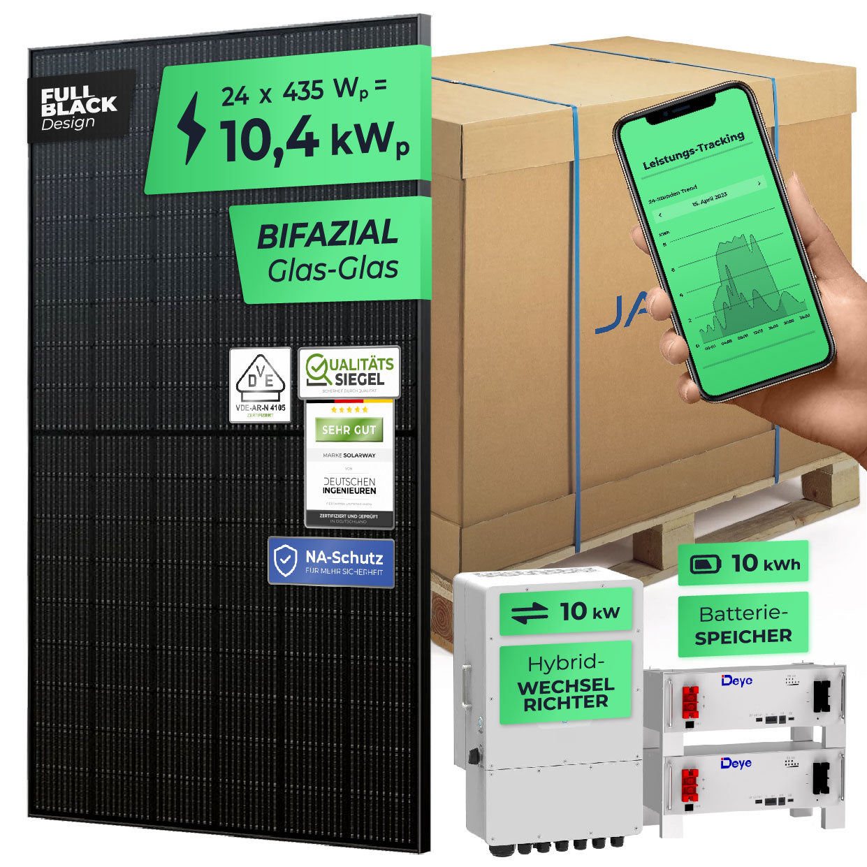 SOLARWAY Solaranlage Komplettset 10 kW | Deye 10 kW | Bifazial inkl. Montagesystem, App & WiFi