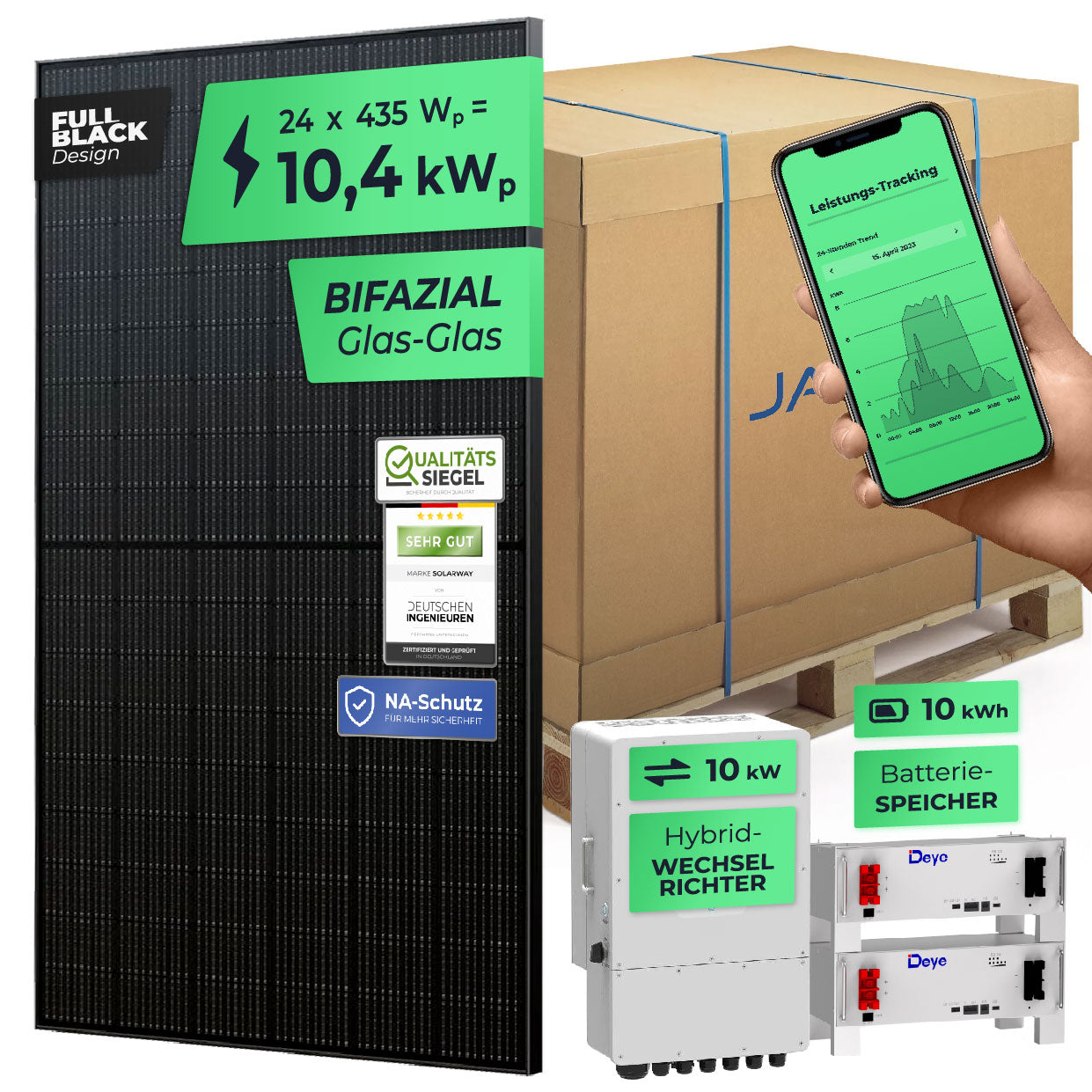 SOLARWAY Solaranlage Komplettset 10 kW | Deye 10 kW | Bifazial inkl. Montagesystem, App & WiFi