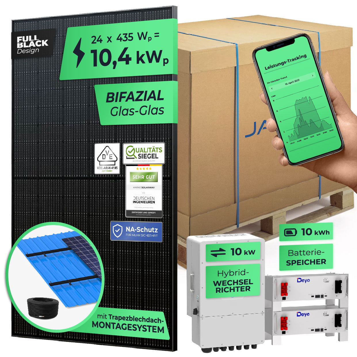 SOLARWAY Solaranlage Komplettset 10 kW | Deye 10 kW | Bifazial inkl. Montagesystem, App & WiFi