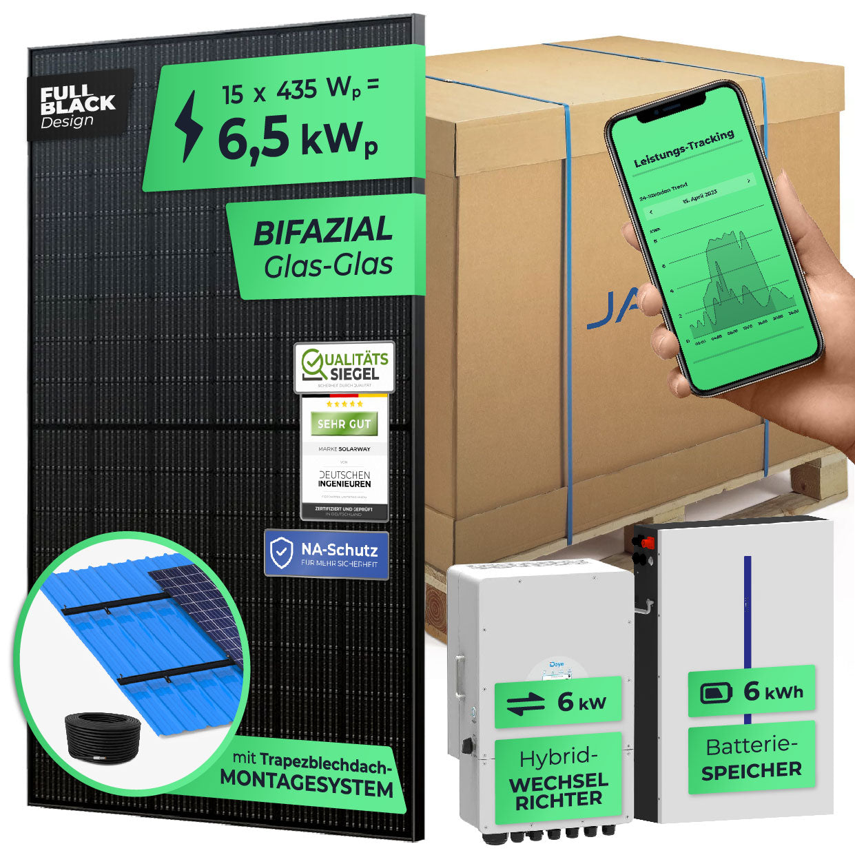 SOLARWAY Solaranlage Komplettset 6,5 kW | Deye 6 kW | Bifazial inkl. Montagesystem, App & WiFi
