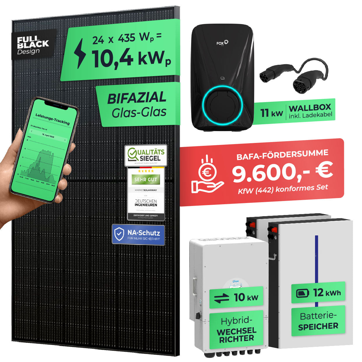 SOLARWAY 10kW Solaranlage mit Speicher – Elektromobilität Komplettset | Bifazial inkl. Montagesystem u. Wallbox | BAFA KfW 442 konform