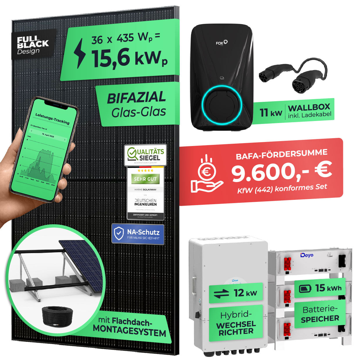 SOLARWAY 15kW Solaranlage mit Speicher – Elektromobilität Komplettset | Bifazial inkl. Montagesystem u. Wallbox | BAFA KfW 442 konform