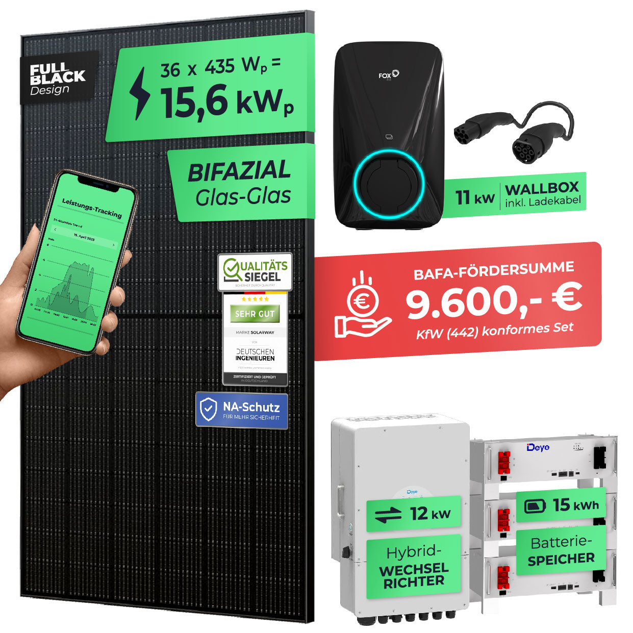 SOLARWAY 15kW Solaranlage mit Speicher – Elektromobilität Komplettset | Bifazial inkl. Montagesystem u. Wallbox | BAFA KfW 442 konform