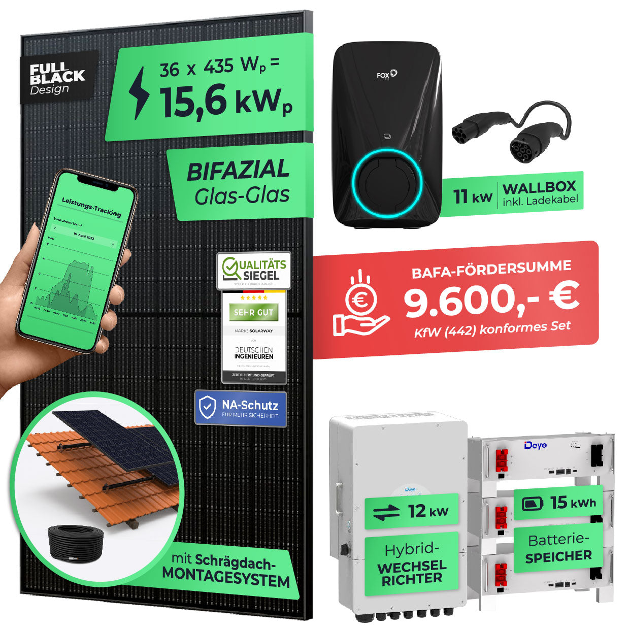 SOLARWAY 15kW Solaranlage mit Speicher – Elektromobilität Komplettset | Bifazial inkl. Montagesystem u. Wallbox | BAFA KfW 442 konform