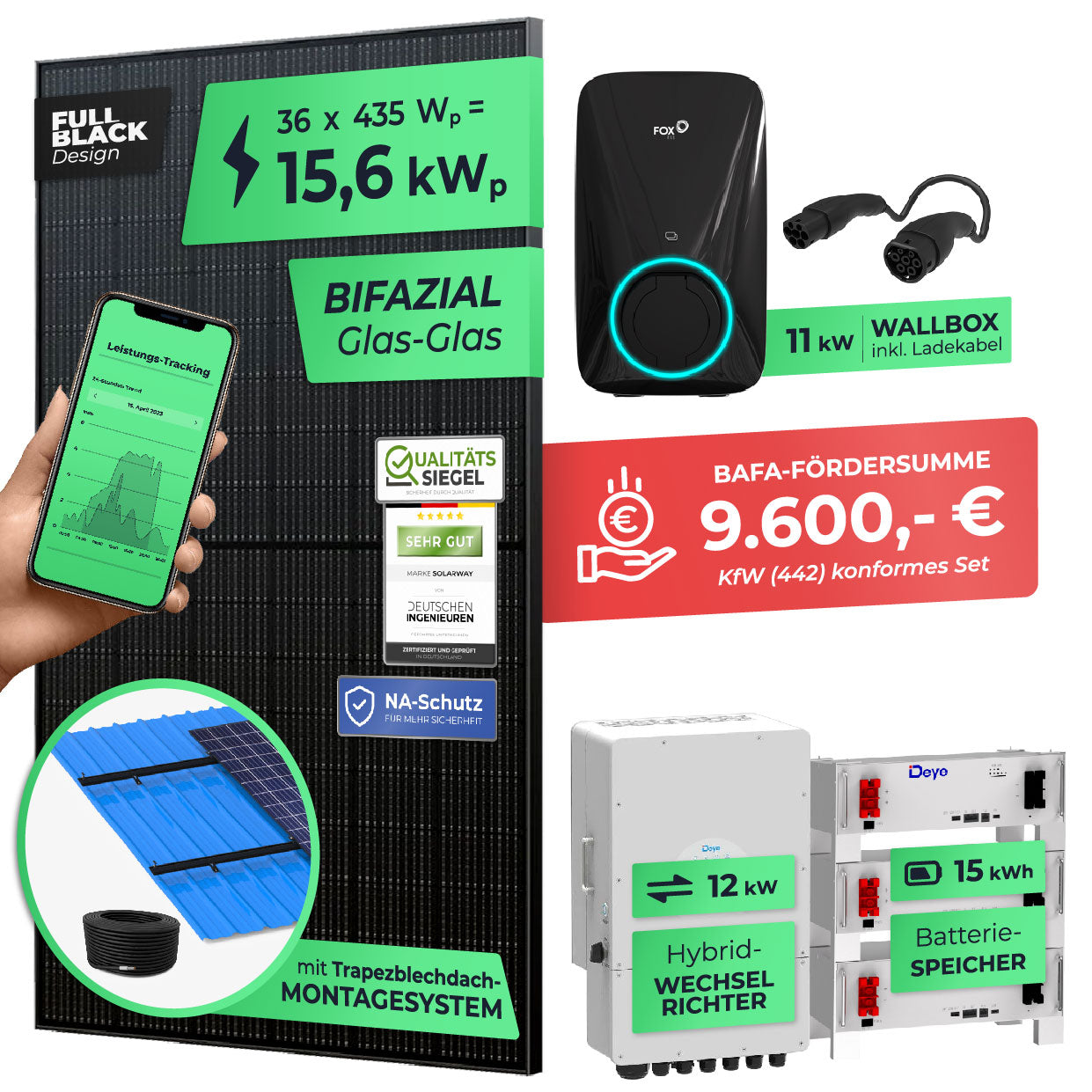 SOLARWAY 15kW Solaranlage mit Speicher – Elektromobilität Komplettset | Bifazial inkl. Montagesystem u. Wallbox | BAFA KfW 442 konform