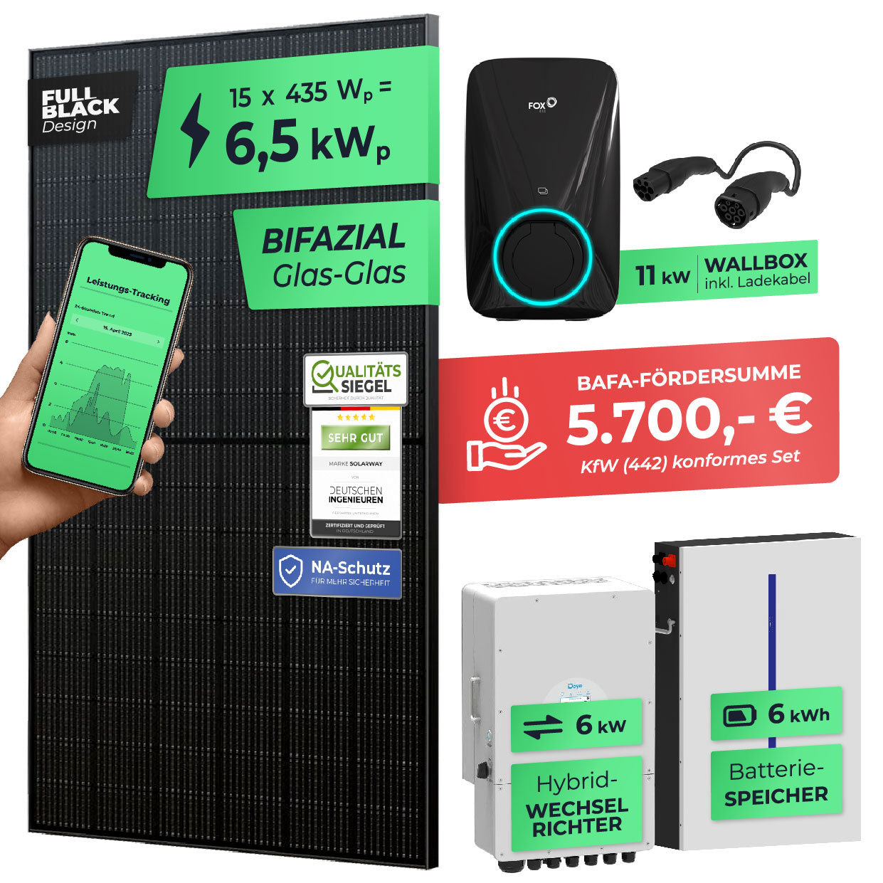 SOLARWAY 6,5kW Solaranlage mit Speicher – Elektromobilität Komplettset | Bifazial inkl. Montagesystem u. Wallbox | BAFA KfW 442 konform