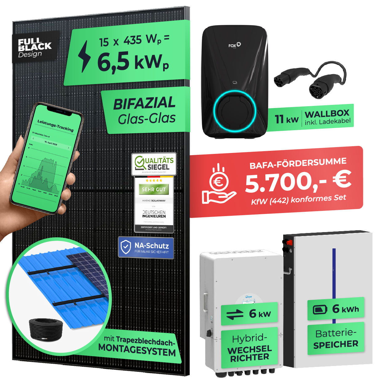 SOLARWAY 6,5kW Solaranlage mit Speicher – Elektromobilität Komplettset | Bifazial inkl. Montagesystem u. Wallbox | BAFA KfW 442 konform