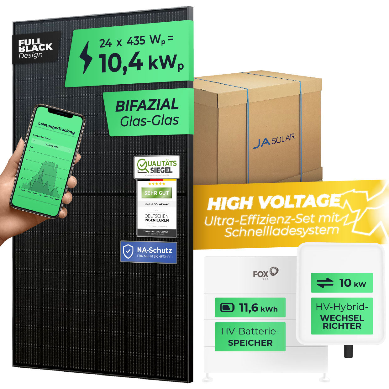 SOLARWAY High Voltage Solaranlage Komplettset 10kW | Fox ESS 10kW | Bifazial inkl. Montagesystem, App & WiFi