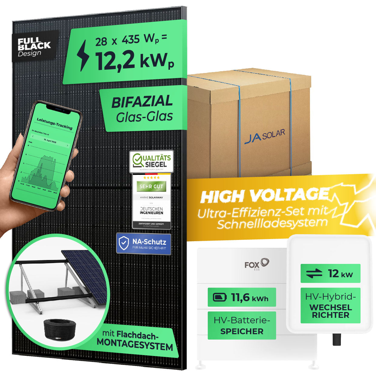 SOLARWAY High Voltage Solaranlage Komplettset 12kW | Fox ESS 12kW | Bifazial inkl. Montagesystem, App & WiFi