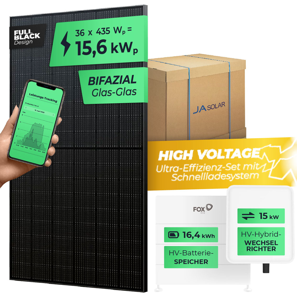 SOLARWAY High Voltage Solaranlage Komplettset 15kW | Fox ESS 15kW | Bifazial inkl. Montagesystem, App & WiFi