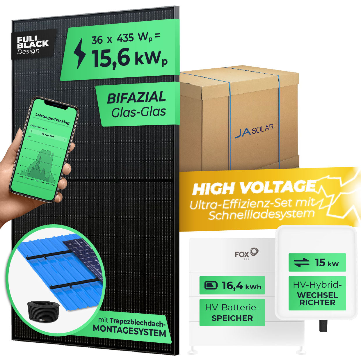 SOLARWAY High Voltage Solaranlage Komplettset 15kW | Fox ESS 15kW | Bifazial inkl. Montagesystem, App & WiFi