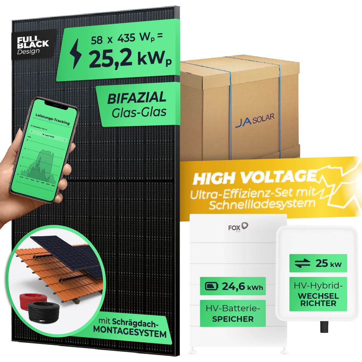 SOLARWAY High Voltage Solaranlage Komplettset 25kW | Fox ESS 25kW | Bifazial inkl. Montagesystem, App & WiFi