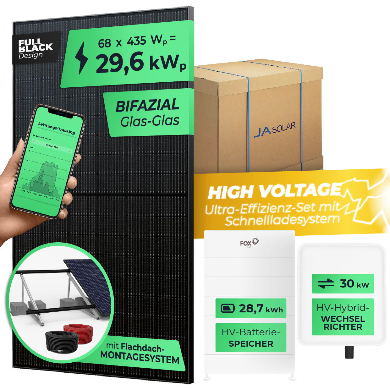 SOLARWAY High Voltage Solaranlage Komplettset 30kW | Fox ESS 30kW | Bifazial inkl. Montagesystem, App & WiFi