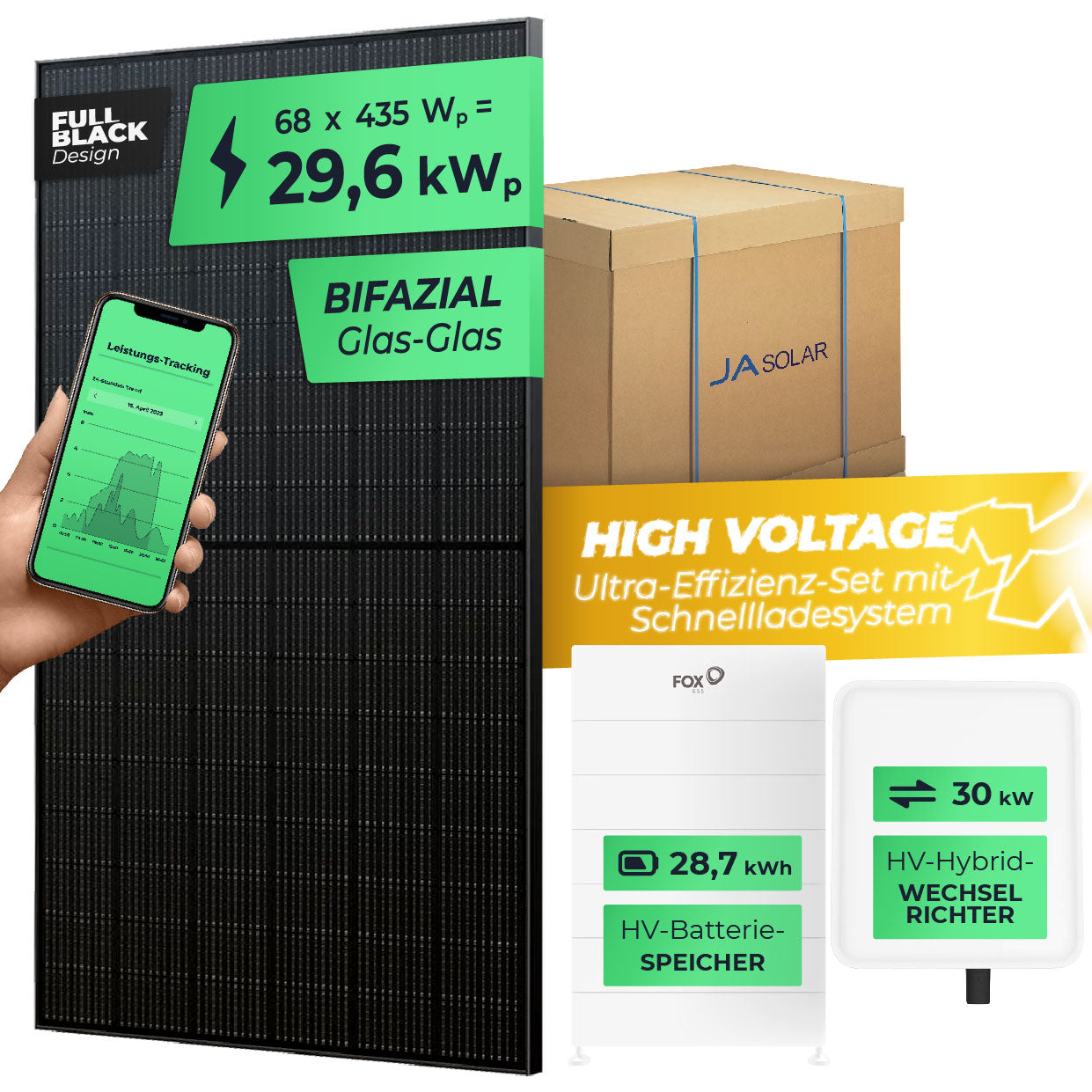SOLARWAY High Voltage Solaranlage Komplettset 30kW | Fox ESS 30kW | Bifazial inkl. Montagesystem, App & WiFi