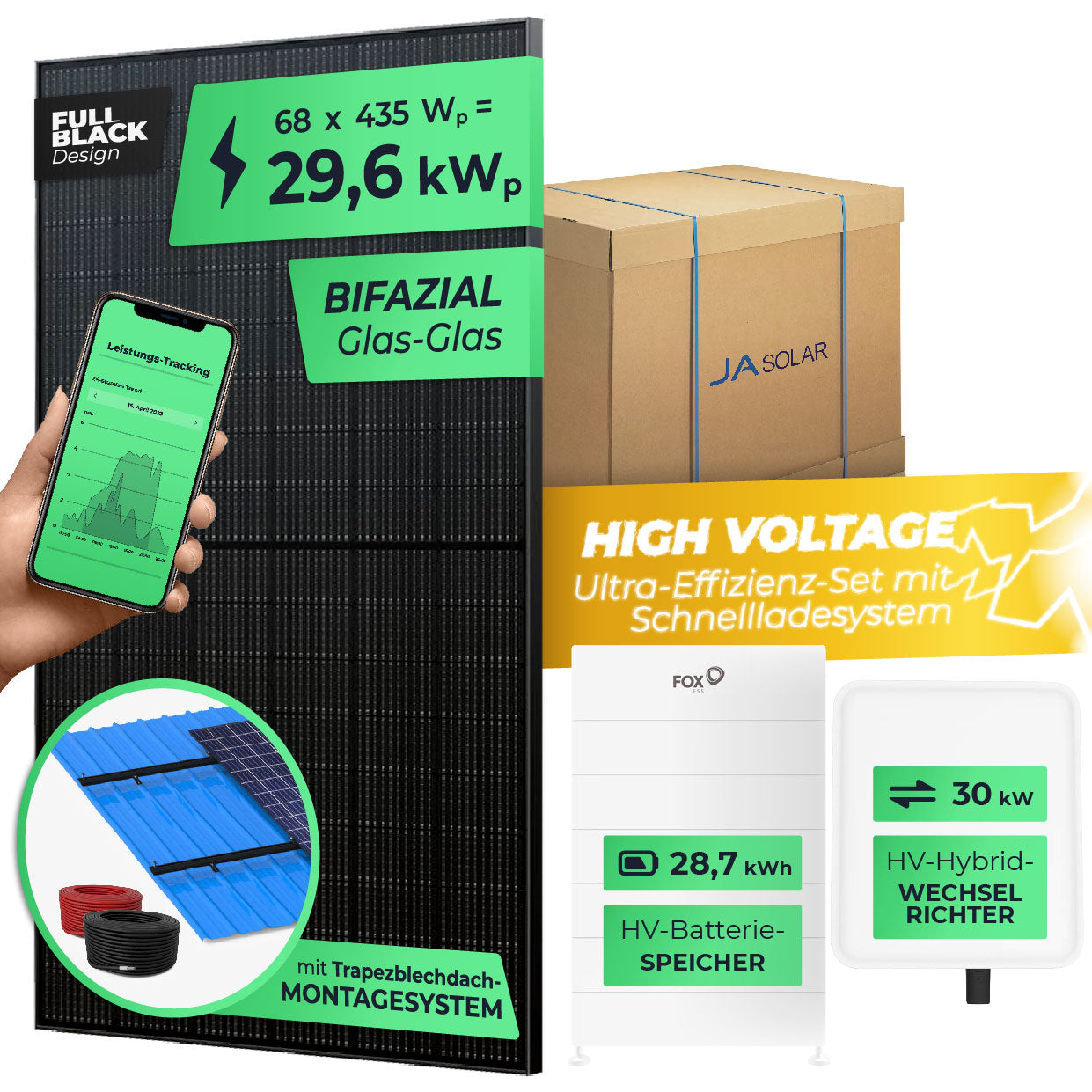 SOLARWAY High Voltage Solaranlage Komplettset 30kW | Fox ESS 30kW | Bifazial inkl. Montagesystem, App & WiFi