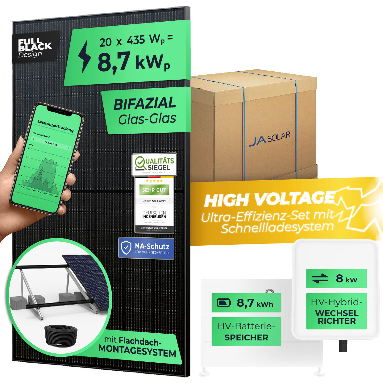 SOLARWAY High Voltage Solaranlage Komplettset 8,7kW | Fox ESS 8kW | Bifazial inkl. Montagesystem, App & WiFi