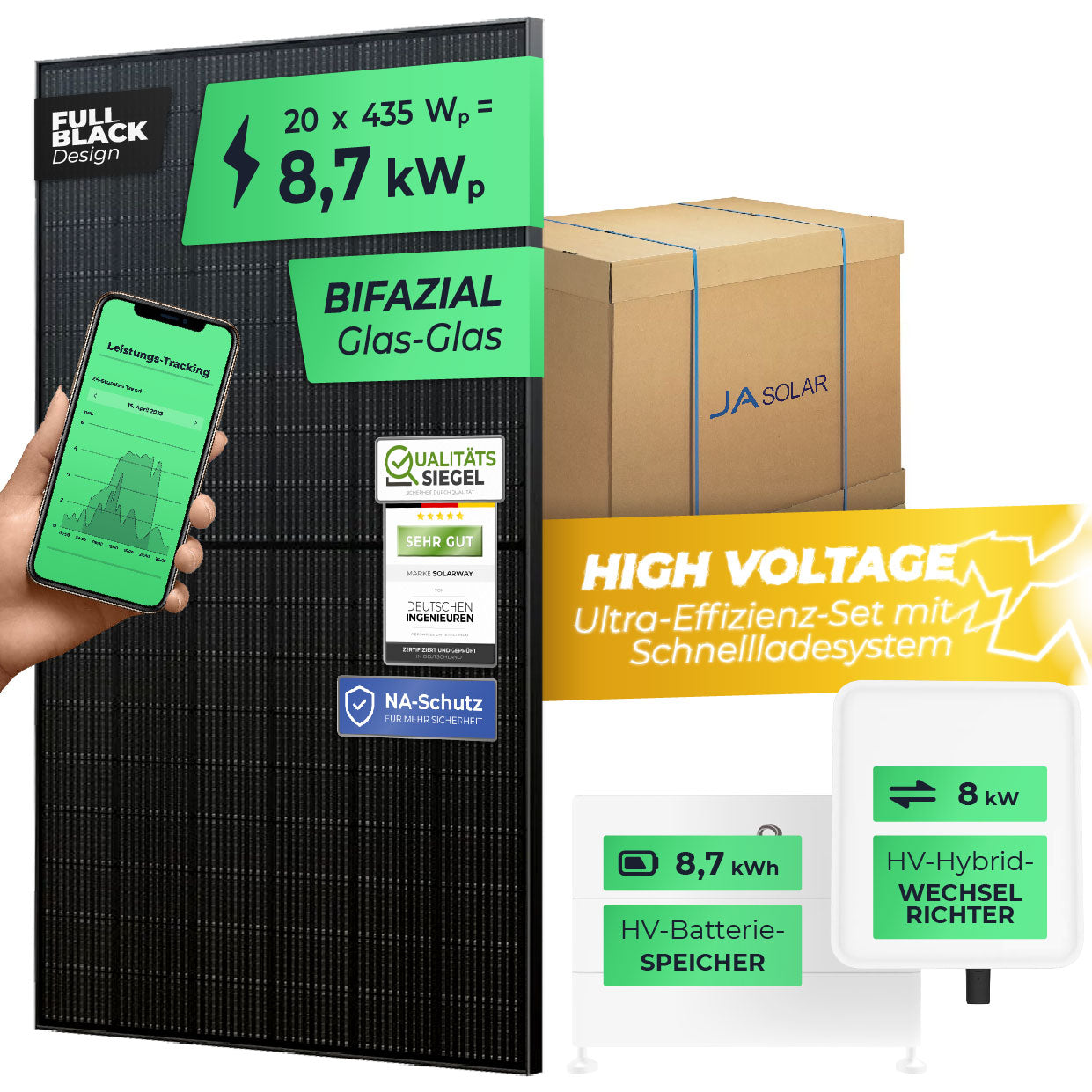 SOLARWAY High Voltage Solaranlage Komplettset 8,7kW | Fox ESS 8kW | Bifazial inkl. Montagesystem, App & WiFi