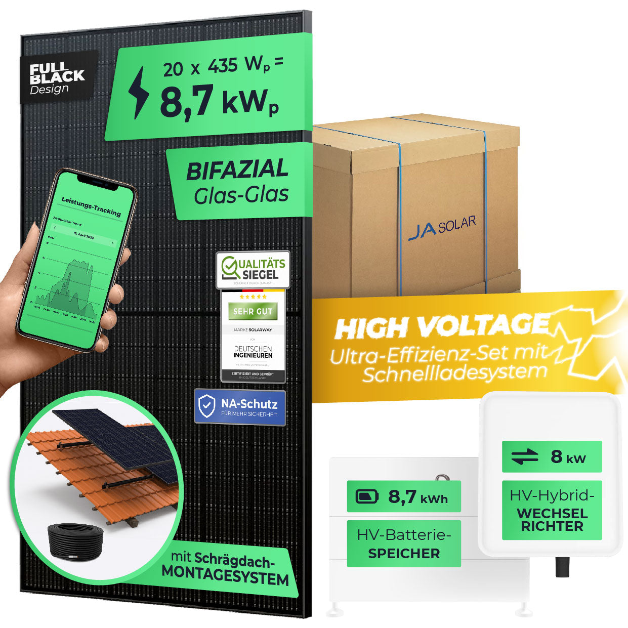 SOLARWAY High Voltage Solaranlage Komplettset 8,7kW | Fox ESS 8kW | Bifazial inkl. Montagesystem, App & WiFi