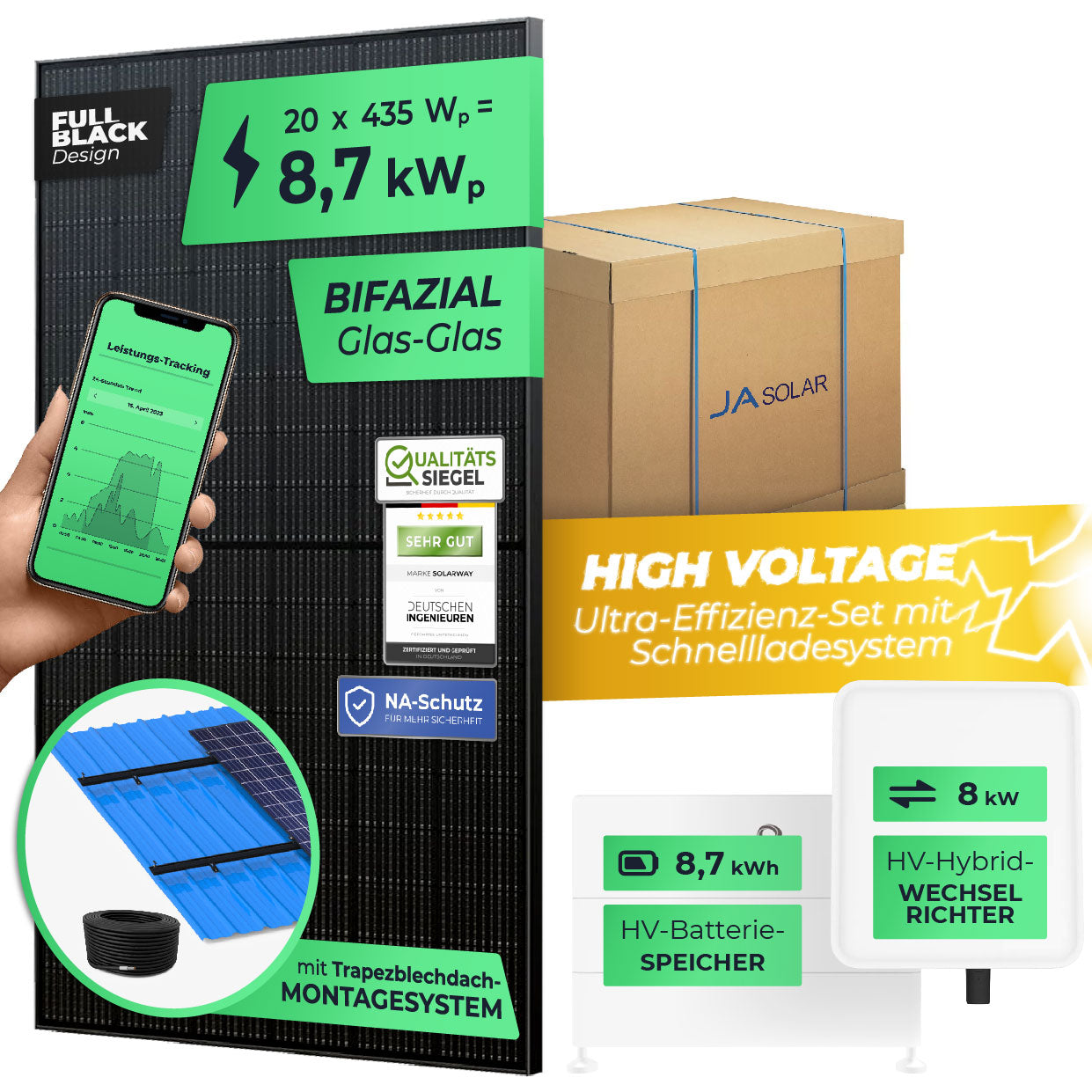 SOLARWAY High Voltage Solaranlage Komplettset 8,7kW | Fox ESS 8kW | Bifazial inkl. Montagesystem, App & WiFi