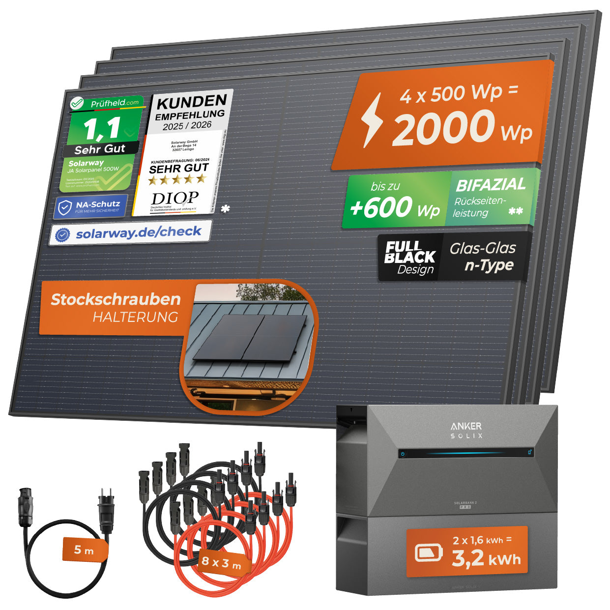 SOLARWAY Balkonkraftwerk 2000 Watt Pro | Anker SOLIX Solarbank 2 E1600 Pro 3,2 kWh Speicher