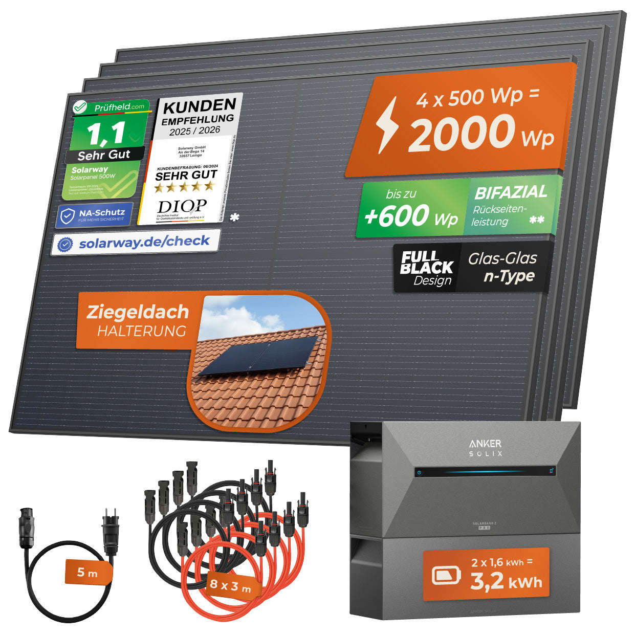 SOLARWAY Balkonkraftwerk 2000 Watt Pro | Anker SOLIX Solarbank 2 E1600 Pro 3,2 kWh Speicher