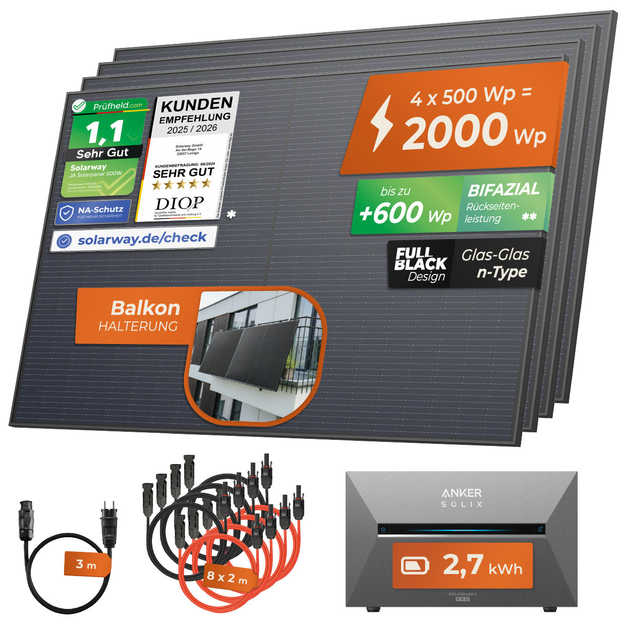 SOLARWAY Balkonkraftwerk 2000 Watt Pro | Anker SOLIX Solarbank 3 E2700 Pro 2,7 kWh Speicher