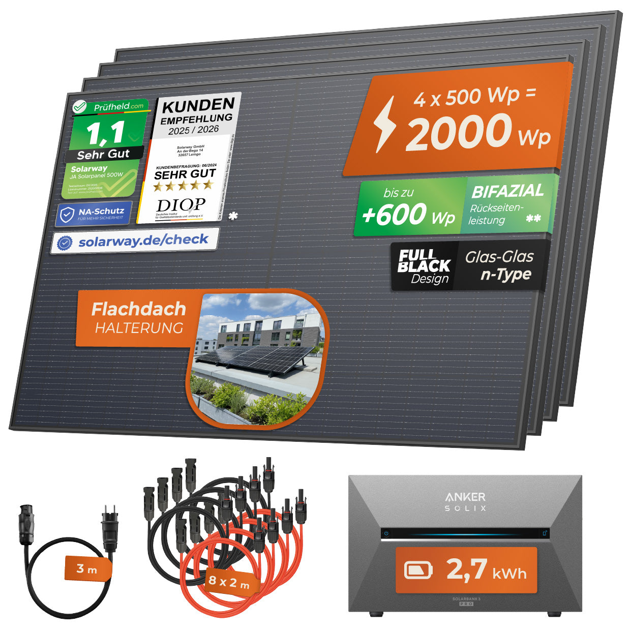 SOLARWAY Balkonkraftwerk 2000 Watt Pro | Anker SOLIX Solarbank 3 E2700 Pro 2,7 kWh Speicher