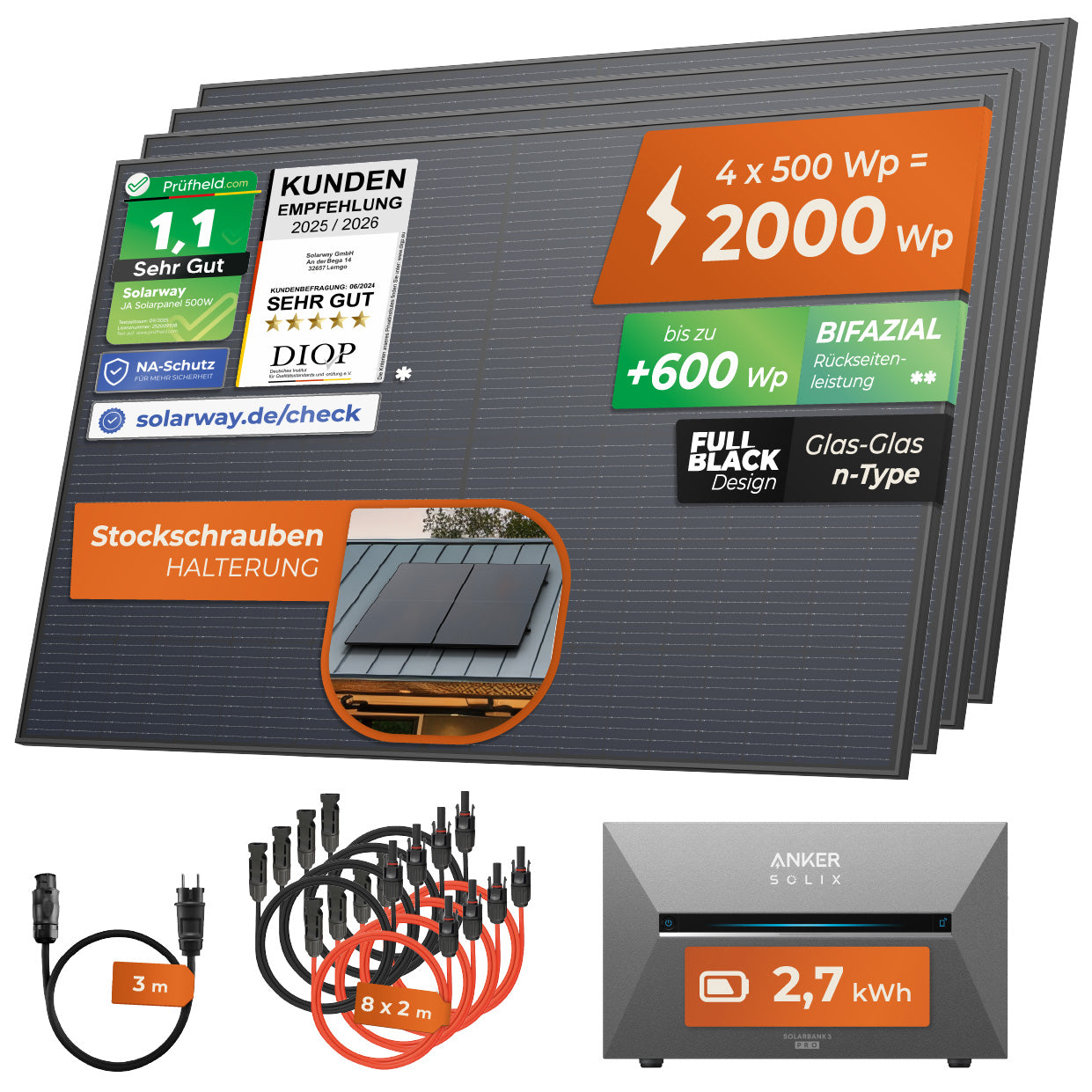 SOLARWAY Balkonkraftwerk 2000 Watt Pro | Anker SOLIX Solarbank 3 E2700 Pro 2,7 kWh Speicher