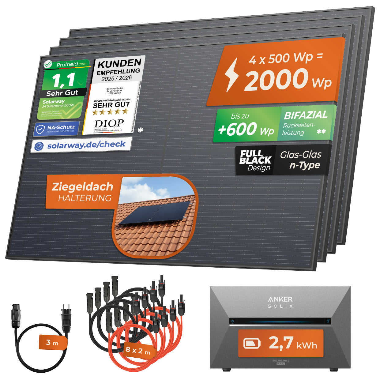 SOLARWAY Balkonkraftwerk 2000 Watt Pro | Anker SOLIX Solarbank 3 E2700 Pro 2,7 kWh Speicher