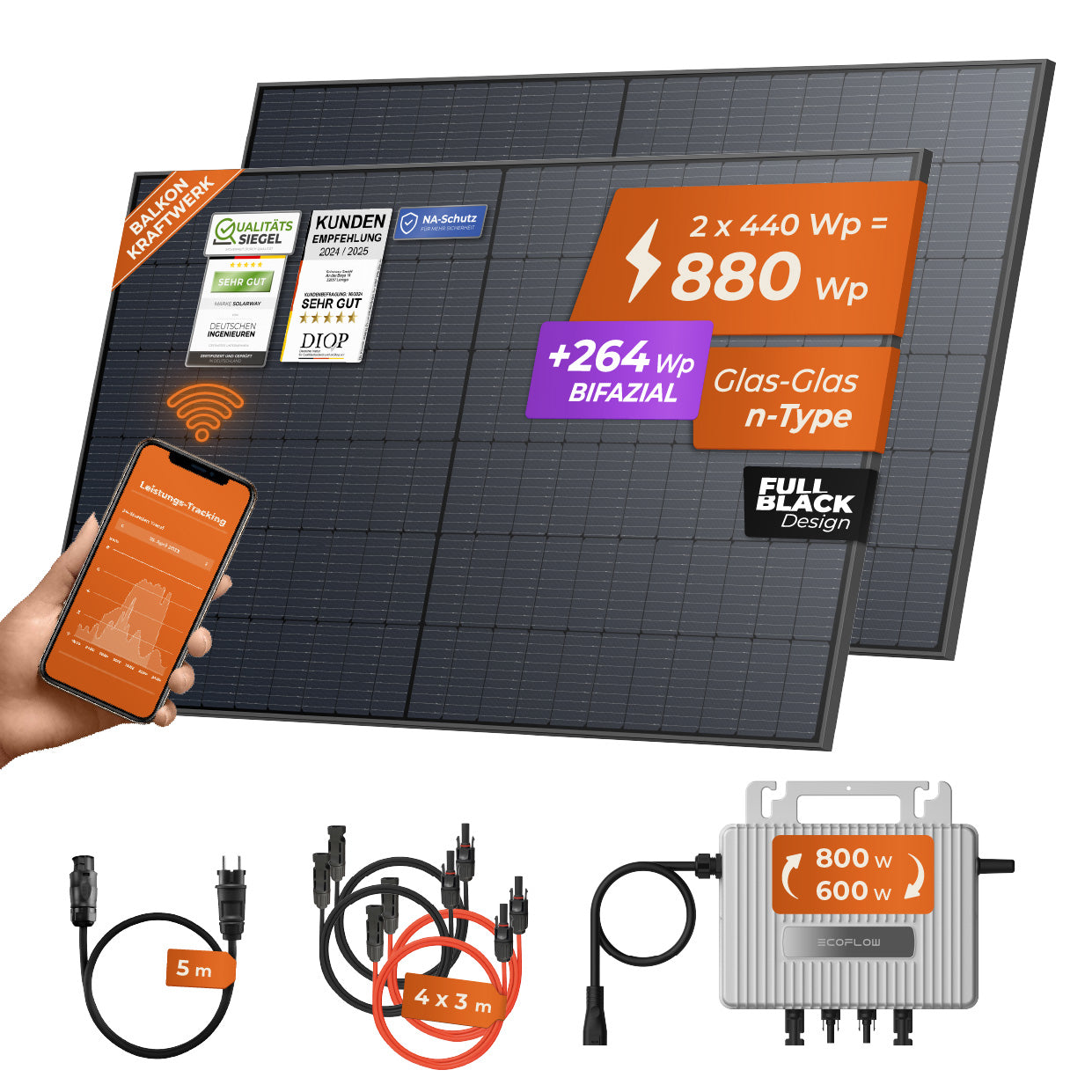 Custom SolarKit Configuration - Anzahl Module: 2 | Modultyp: 440 Wp Bifazial | Wechselrichter: EcoFlow (800 W) | Halterung: Ohne Halterung