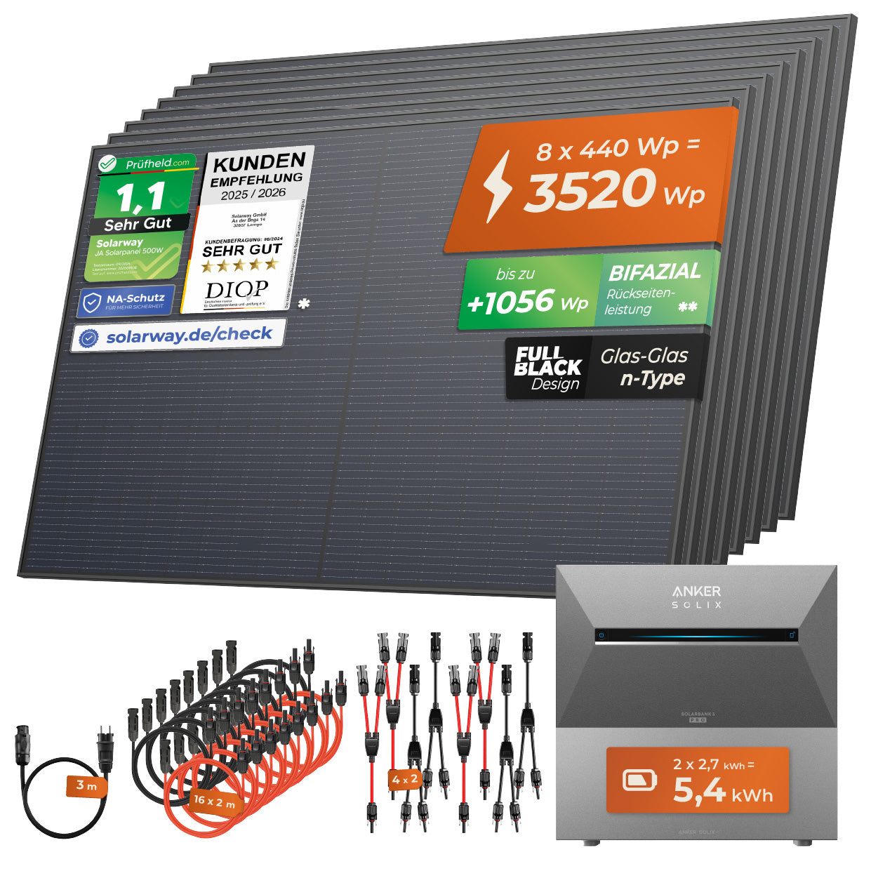 SOLARWAY Balkonkraftwerk 3520 Watt Pro | Anker SOLIX Solarbank 3 E2700 Pro 5,4 kWh Speicher