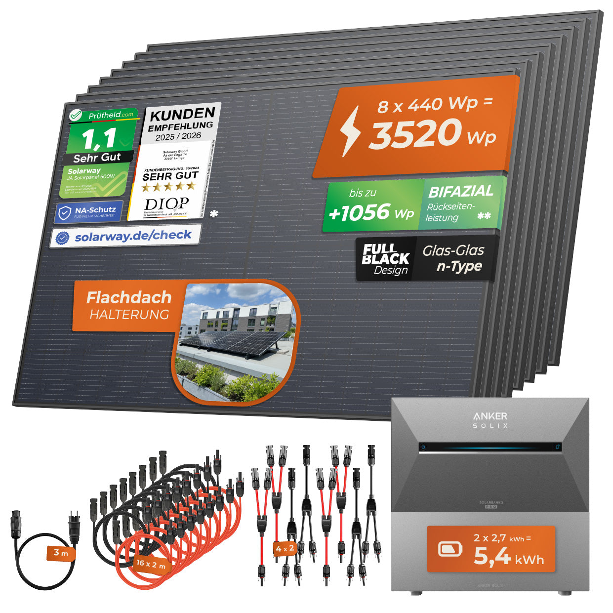 SOLARWAY Balkonkraftwerk 3520 Watt Pro | Anker SOLIX Solarbank 3 E2700 Pro 5,4 kWh Speicher