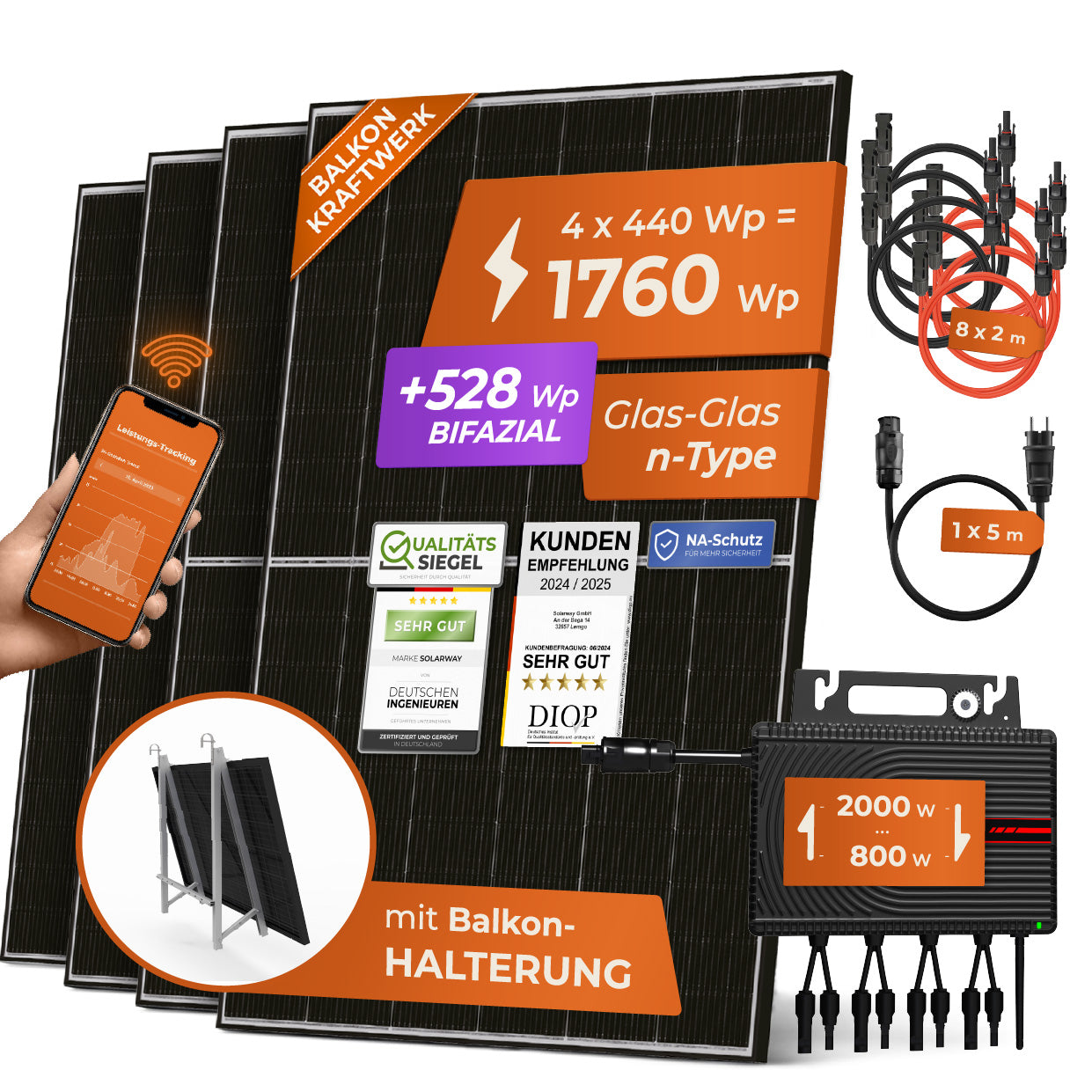 SOLARWAY Balkonkraftwerk 1760 Watt | Envertech 2000 Watt | Bifazial inkl. App & WiFi