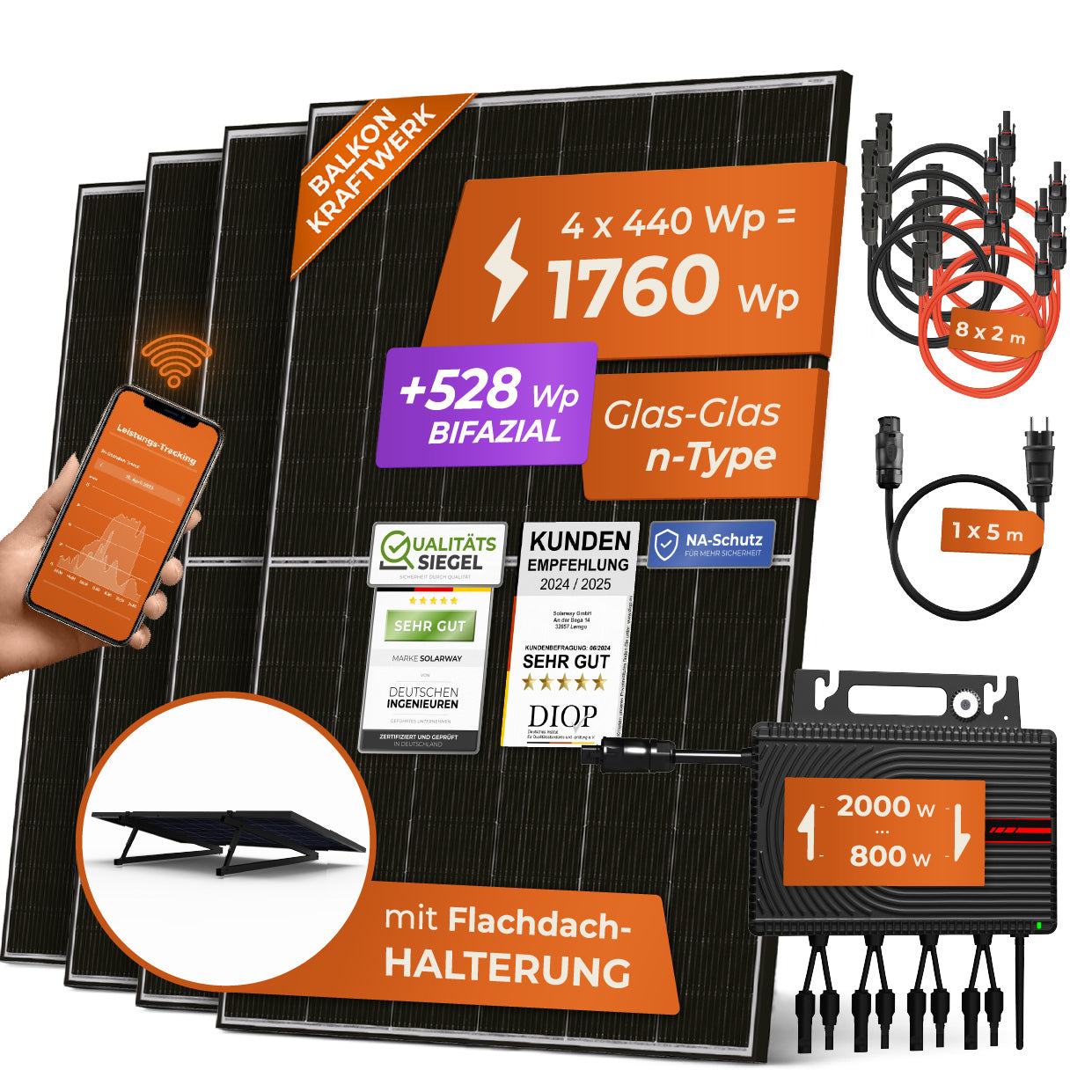 SOLARWAY Balkonkraftwerk 1760 Watt | Envertech 2000 Watt | Bifazial inkl. App & WiFi