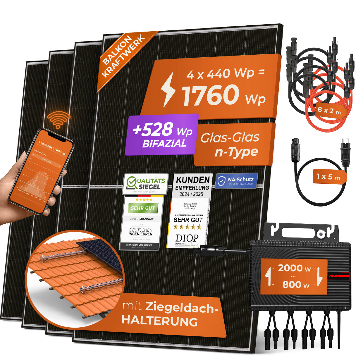 SOLARWAY Balkonkraftwerk 1760 Watt | Envertech 2000 Watt | Bifazial inkl. App & WiFi